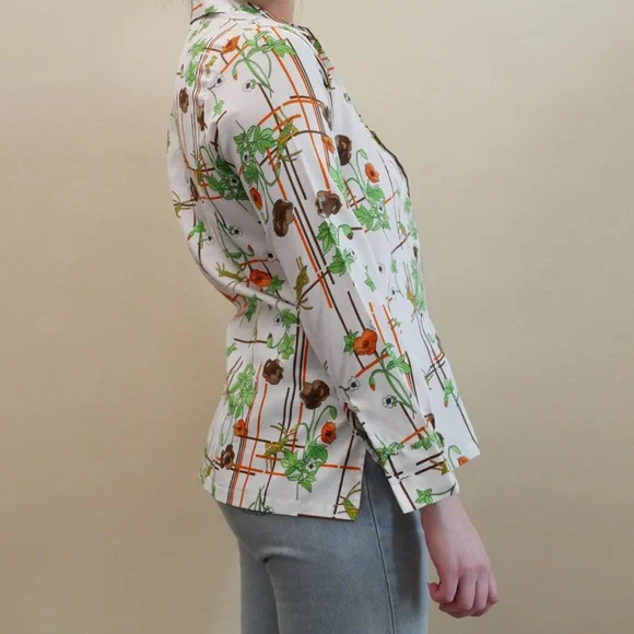 Vintage 70s Button Up Shirt Collared Bold Floral Print White + Green Pattern - Picture 6 of 7